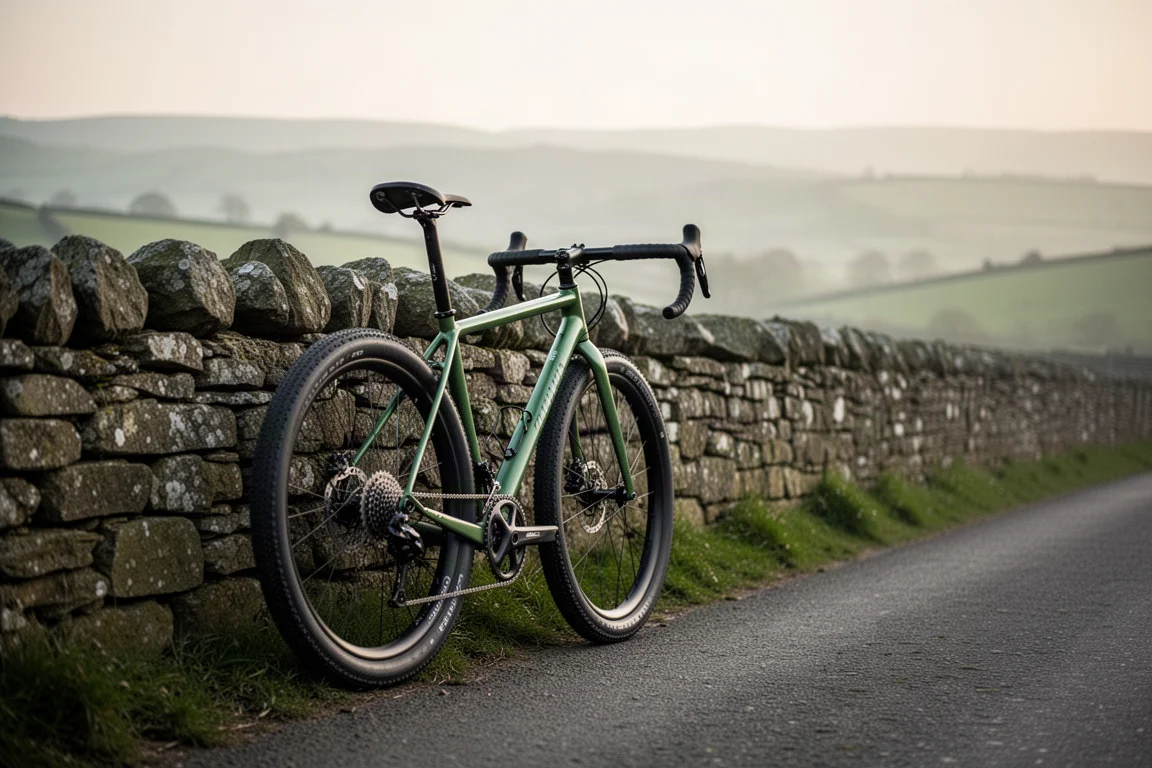 Drop-Bar-All-Road-Bike mit breiten Reifen auf einer ruhigen Landstraße zur goldenen Stunde