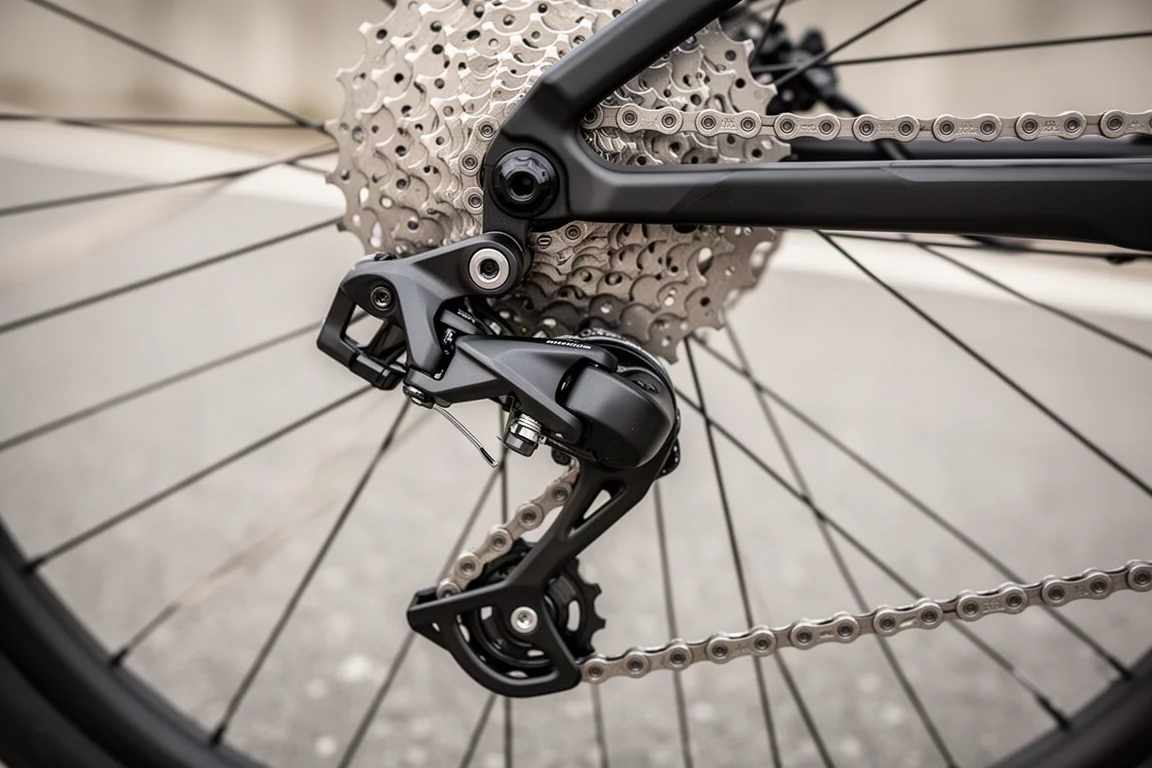 Nahaufnahme eines Schaltwerks und einer Wide-Range-Kassette an einem Drop-Bar-Bike