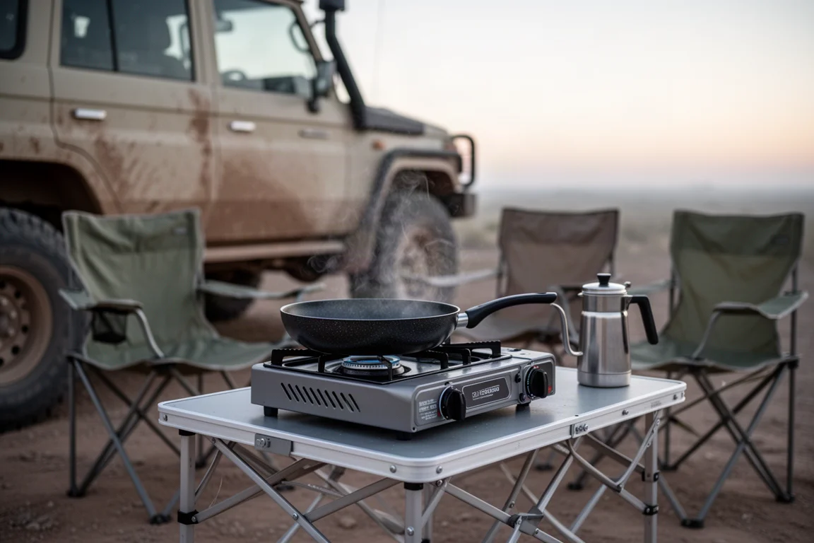 Camp stove with a frying pan set up beside an overland vehicle at dawn