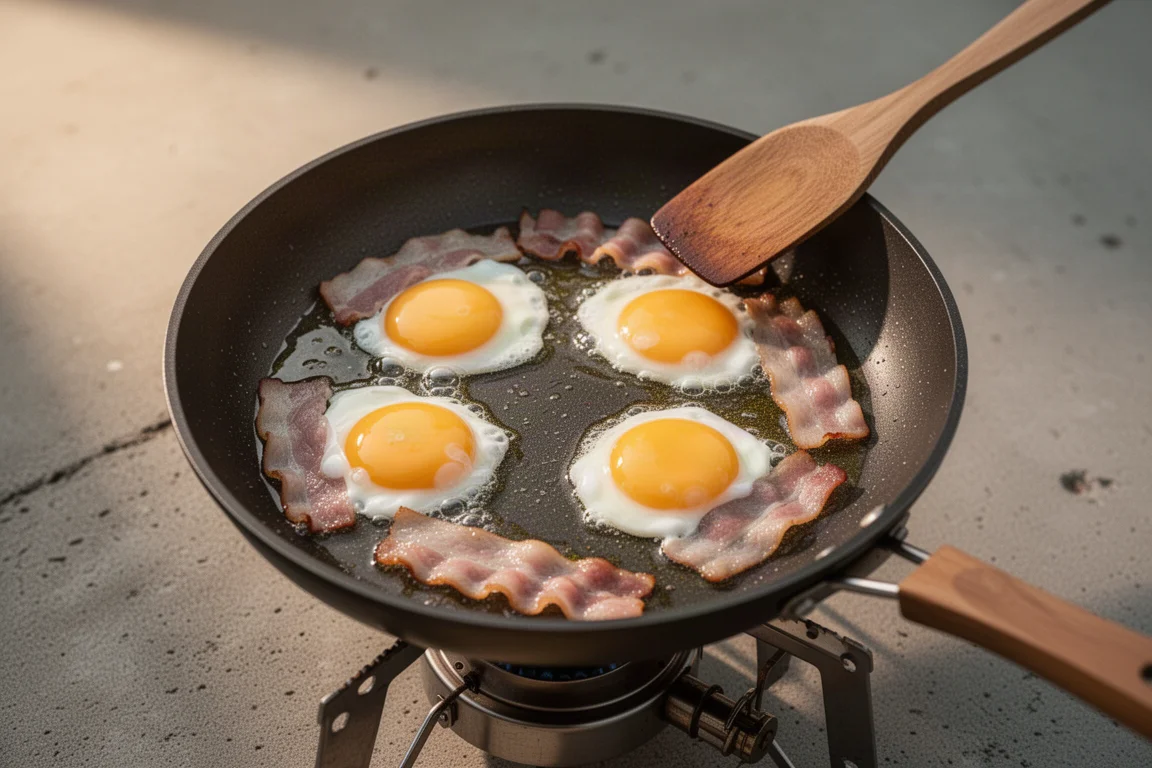 Eggs and bacon cooking evenly in a nonstick skillet on a camp stove