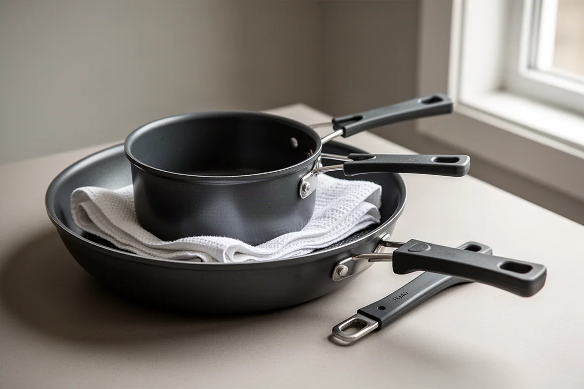 Two camp pans nested together with a paper towel barrier between them