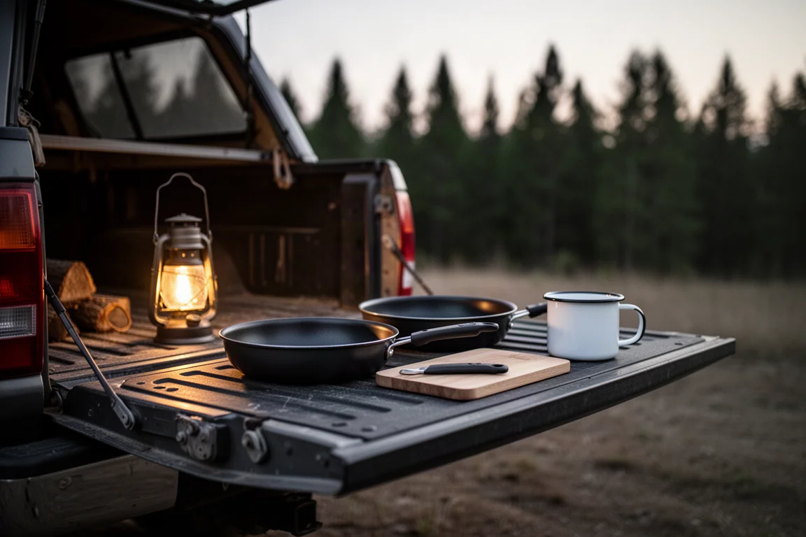Camp kitchen arranged on a truck tailgate at dusk with cookware ready