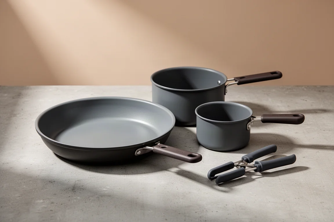 Shin ER three-piece camping pan set with removable handle on concrete surface