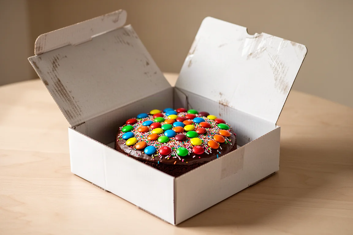 Chocoladecake met hagelslag en snoepstukjes in een geopende verzenddoos