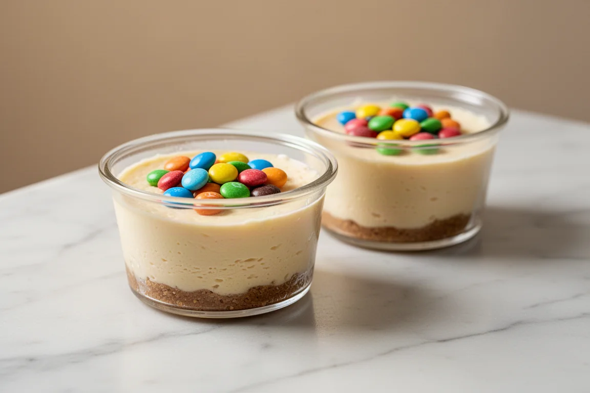 Twee kleine cheesecake-bakjes op een marmeren aanrecht met snoepjes als topping