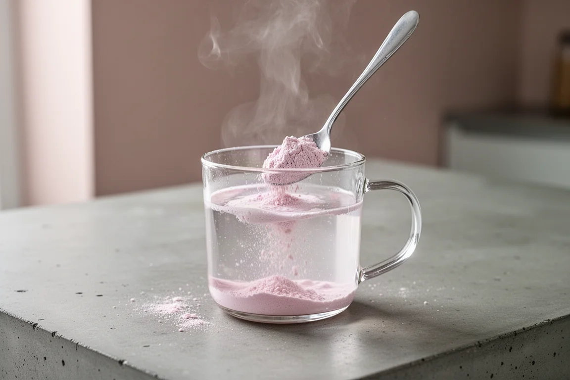 Roze birthday cake-latte die in een helder glas met een lepel wordt geroerd
