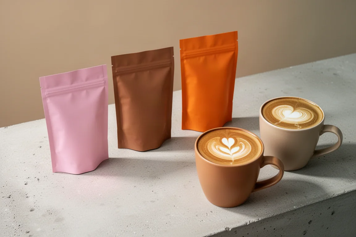 Drie pastelkleurige latte-zakjes naast mokken met bereide latte-dranken