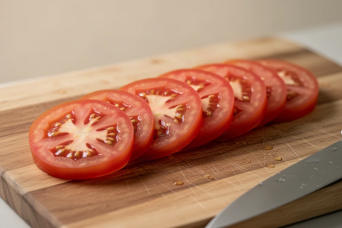 Dünne Scheiben frisch geschnittener Tomaten auf einem hölzernen Schneidebrett