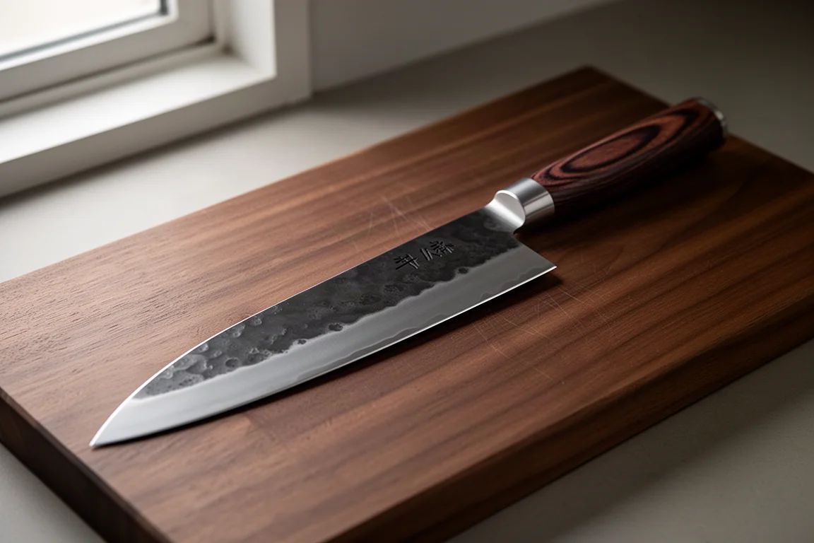 Japanisches Gyuto-Messer mit dunkler Kuruchi-Klinge und Walnussholzgriff auf einem Schneidebrett