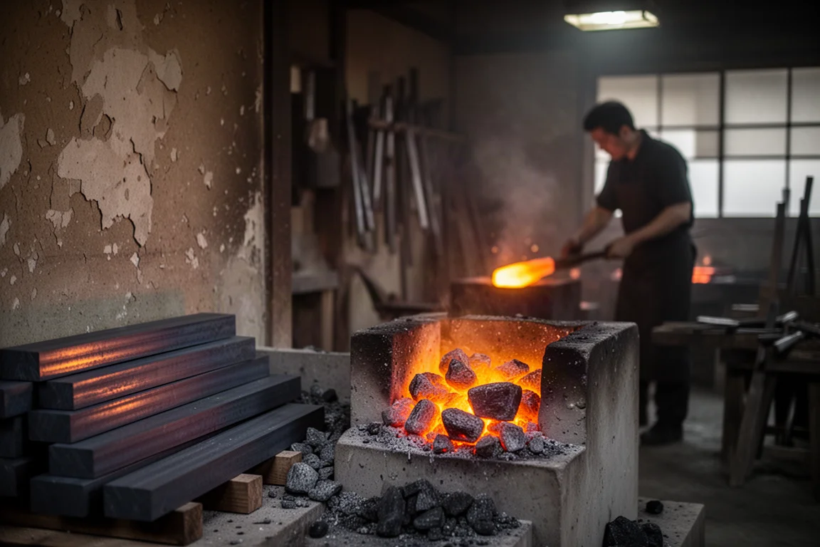 Forge workshop with glowing coal fire and a smith shaping hot steel