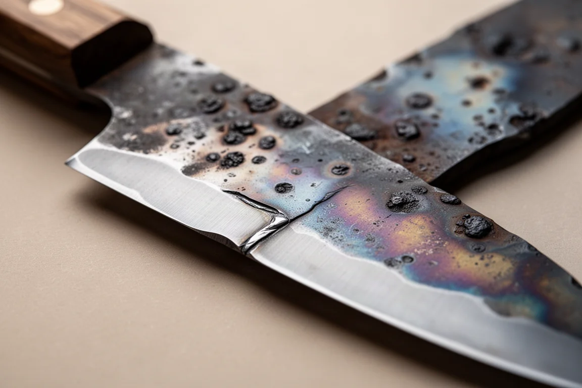 Close-up of a rustic hand-forged knife blade showing forge marks and colour variation