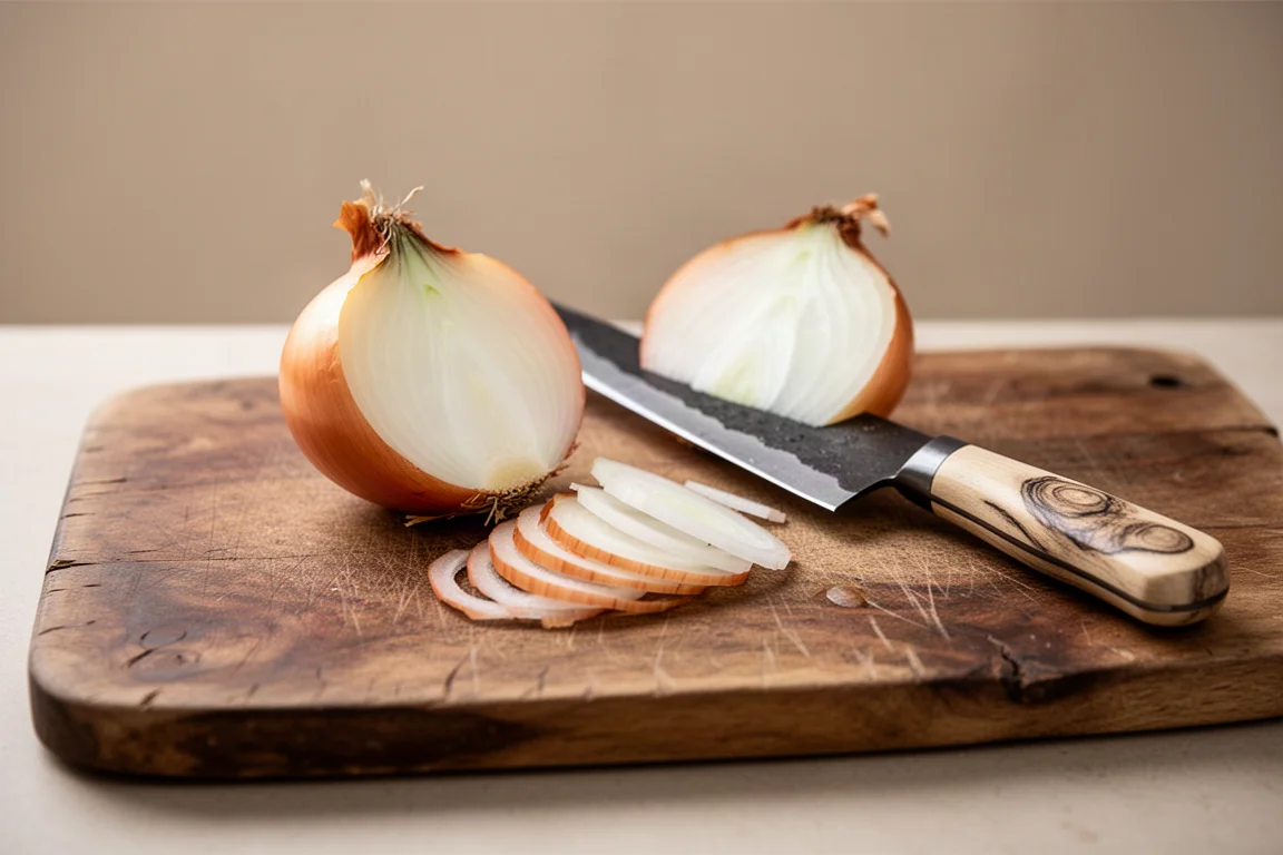 Onion being sliced on a wooden cutting board with a sharp kitchen knife