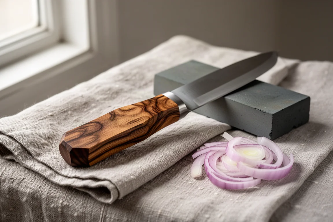Magnolia octagonal knife handle resting on a linen cloth beside a sharpening stone