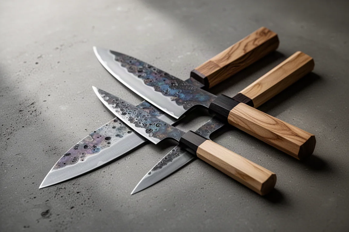 Shiro Kunimitsu bunka and petty knives with rustic forged blades and magnolia handles