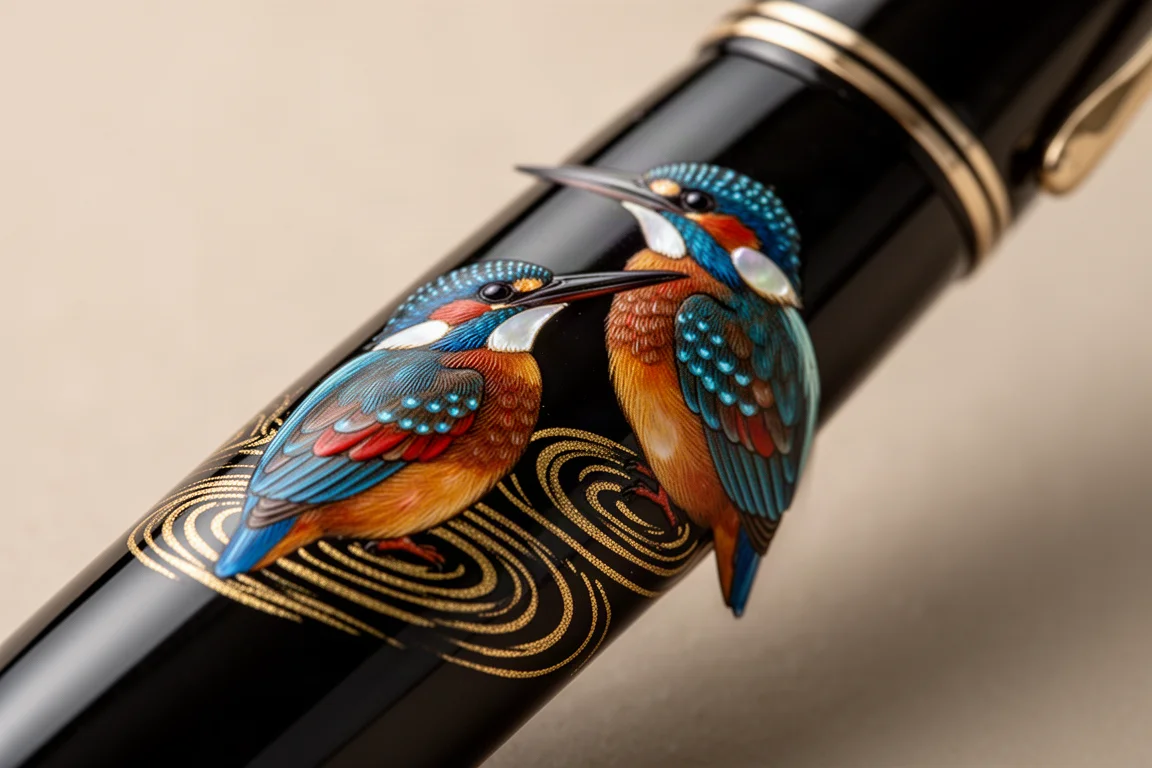 Nahaufnahme des Maki-e-Eisvogel-Kunstwerks auf dem Schaft eines Füllfederhalters