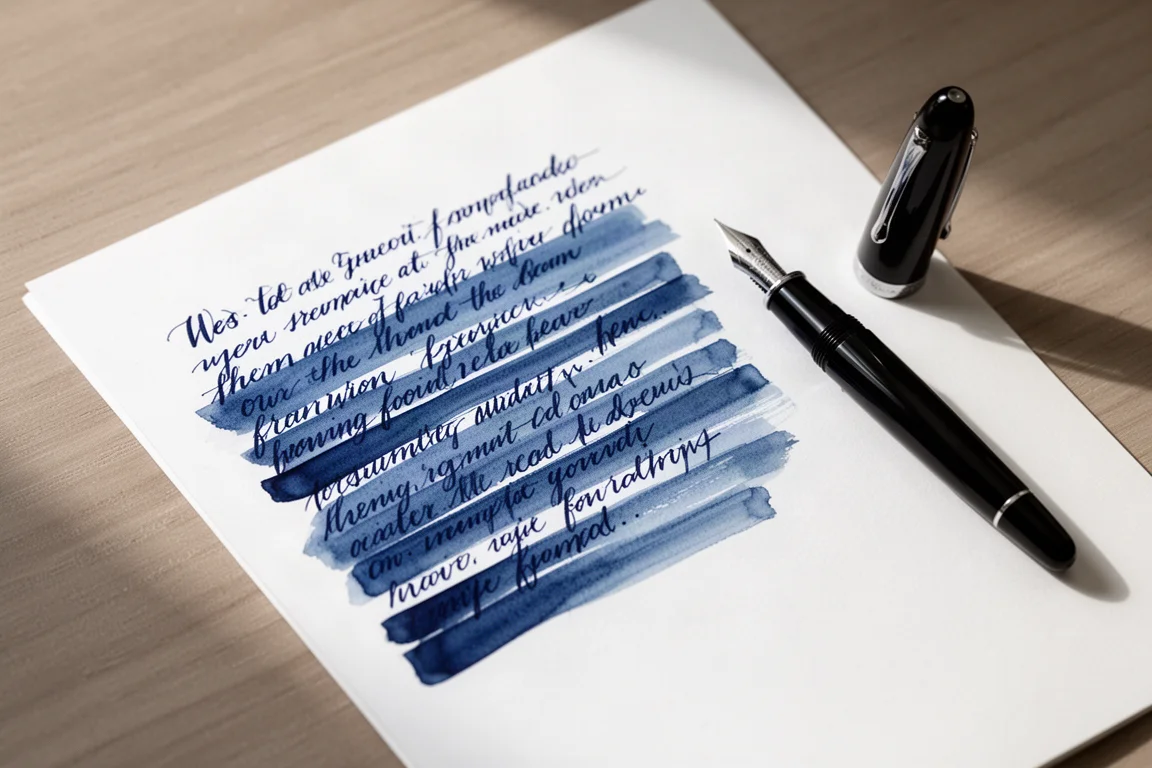 Frisch geschriebene Schreibprobe mit blauer Tinte auf weißem Papier neben einem schwarzen Lackpinsel