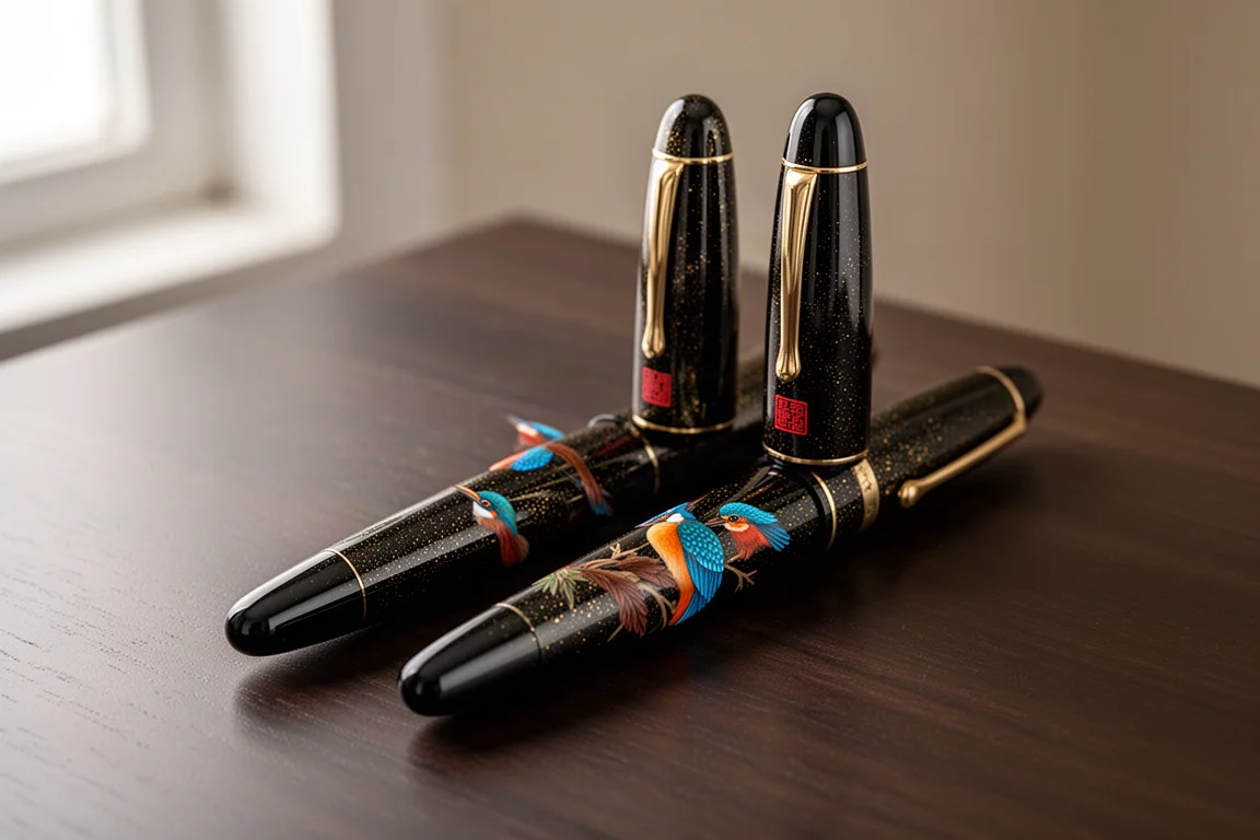 Due stilografiche urushi nere con illustrazione di un martin pescatore affiancate su legno scuro