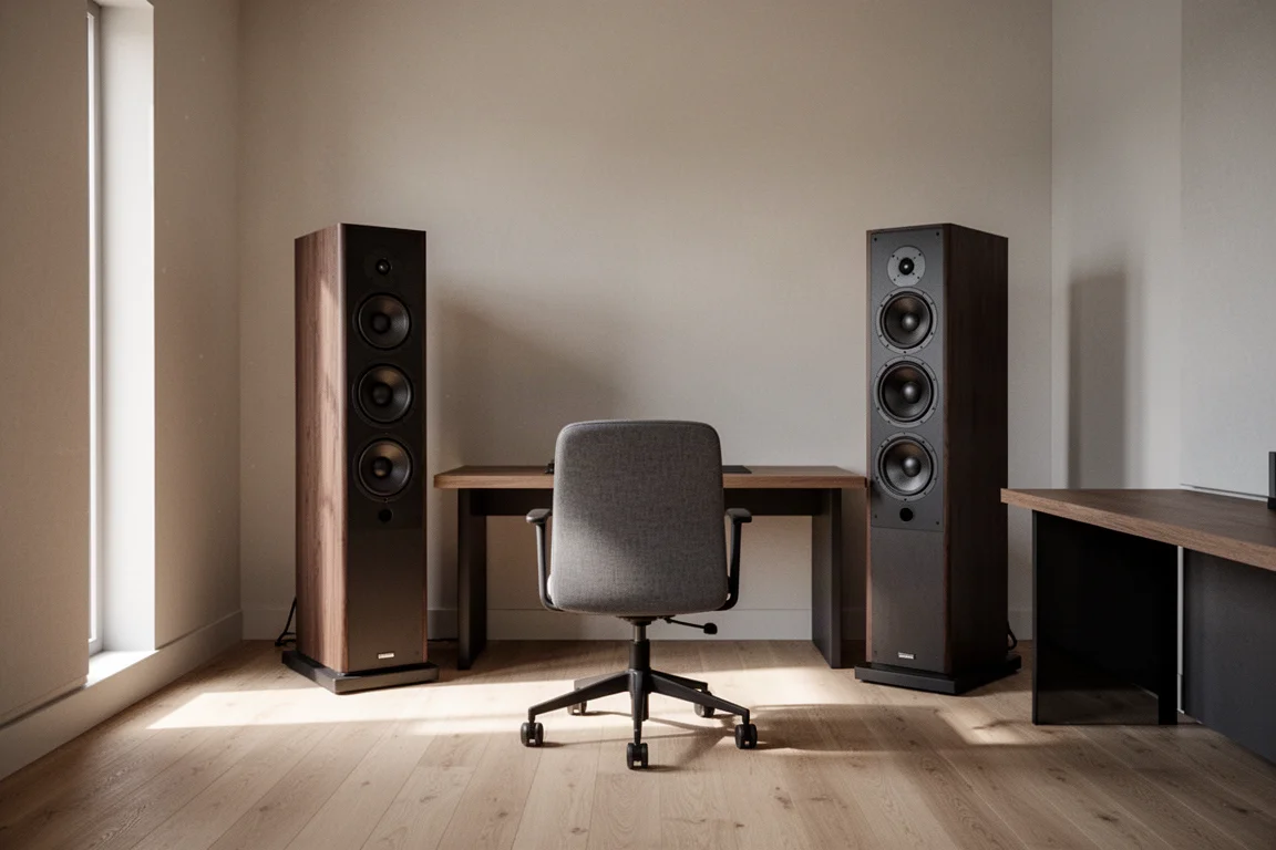 Monitors de studio compacts placés près d'un mur arrière à côté d'une chaise de bureau dans une lumière douce