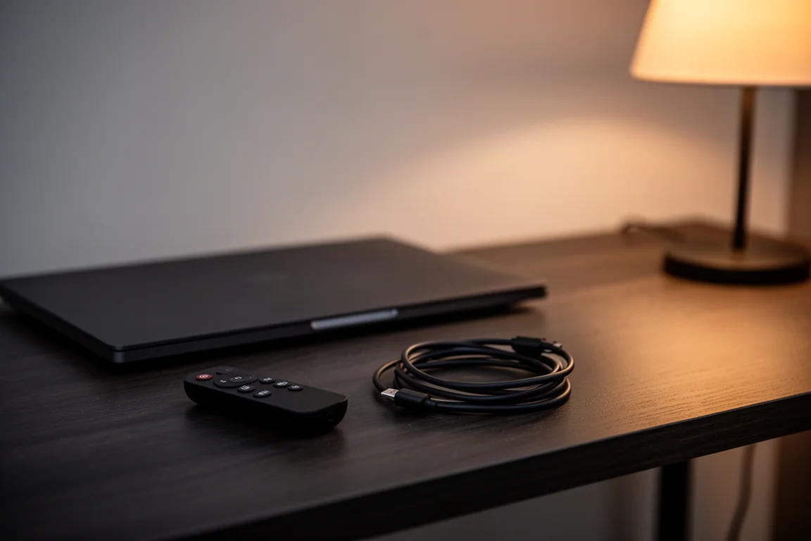 Bureau au crépuscule avec une télécommande compacte, un câble enroulé et un ordinateur portable fermé