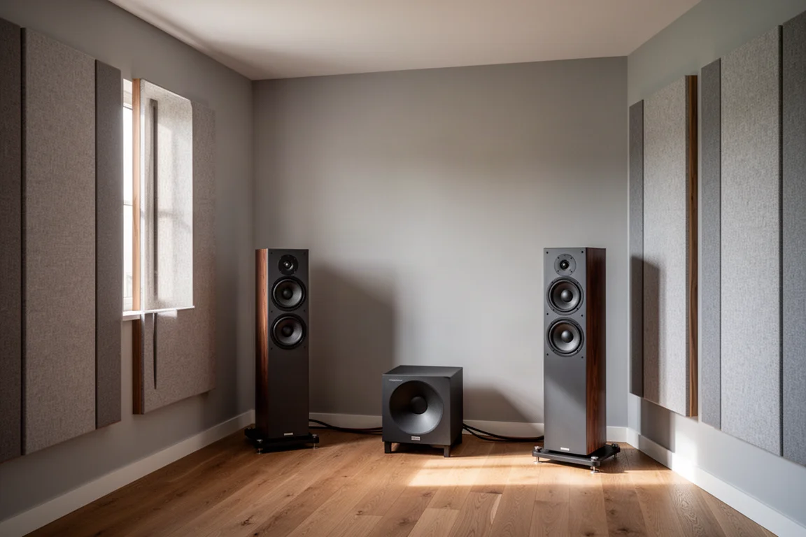 Salle d'écoute traitée avec panneaux acoustiques, enceintes sur pieds et un caisson de basses