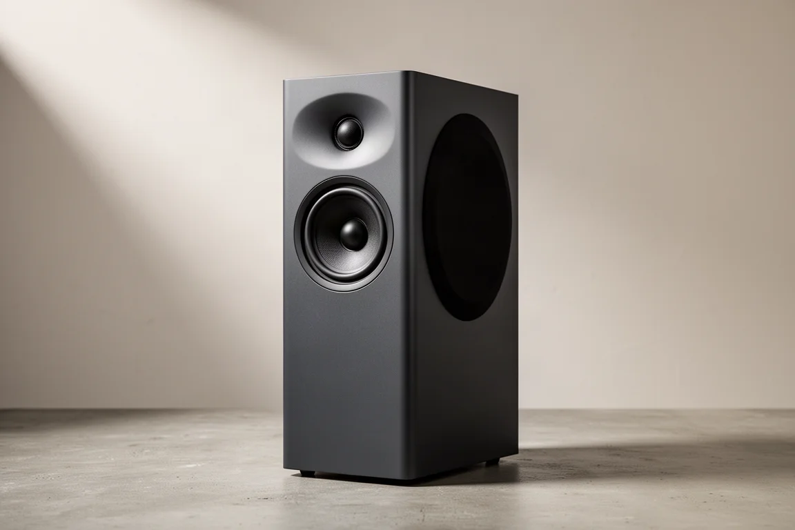 Active cardioid studio monitor speaker on a concrete surface in soft studio light