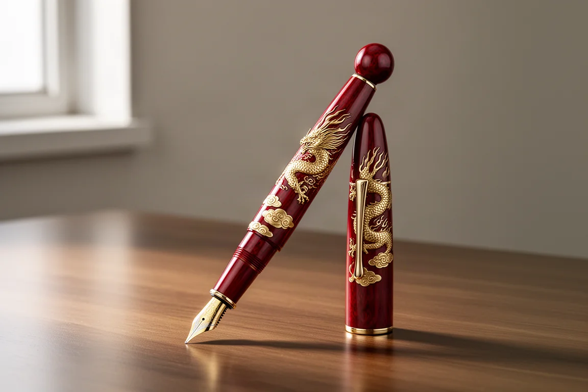 Red urushi lacquer fountain pen with gold dragon artwork on a wooden desk