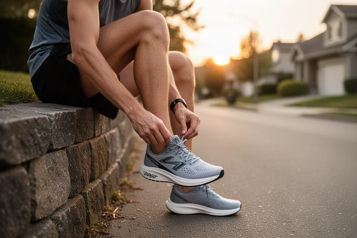 Runner lacing up a lightweight daily trainer on a quiet suburban street at sunrise