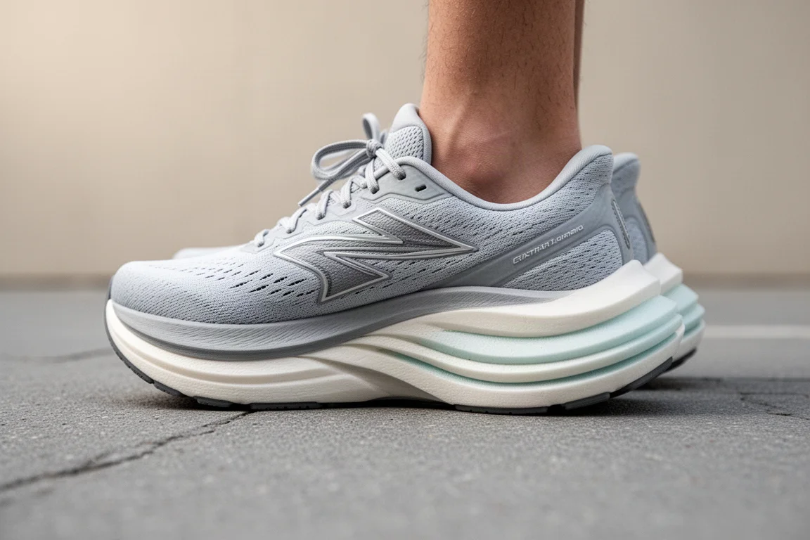 Close-up of a wide, cushioned running shoe midsole on smooth pavement