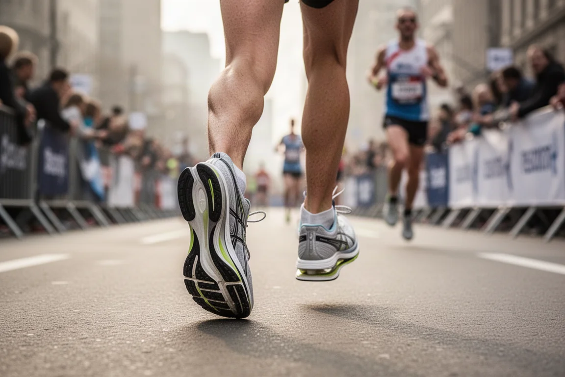 Runner's feet in race shoes on a city marathon course with crowds blurred