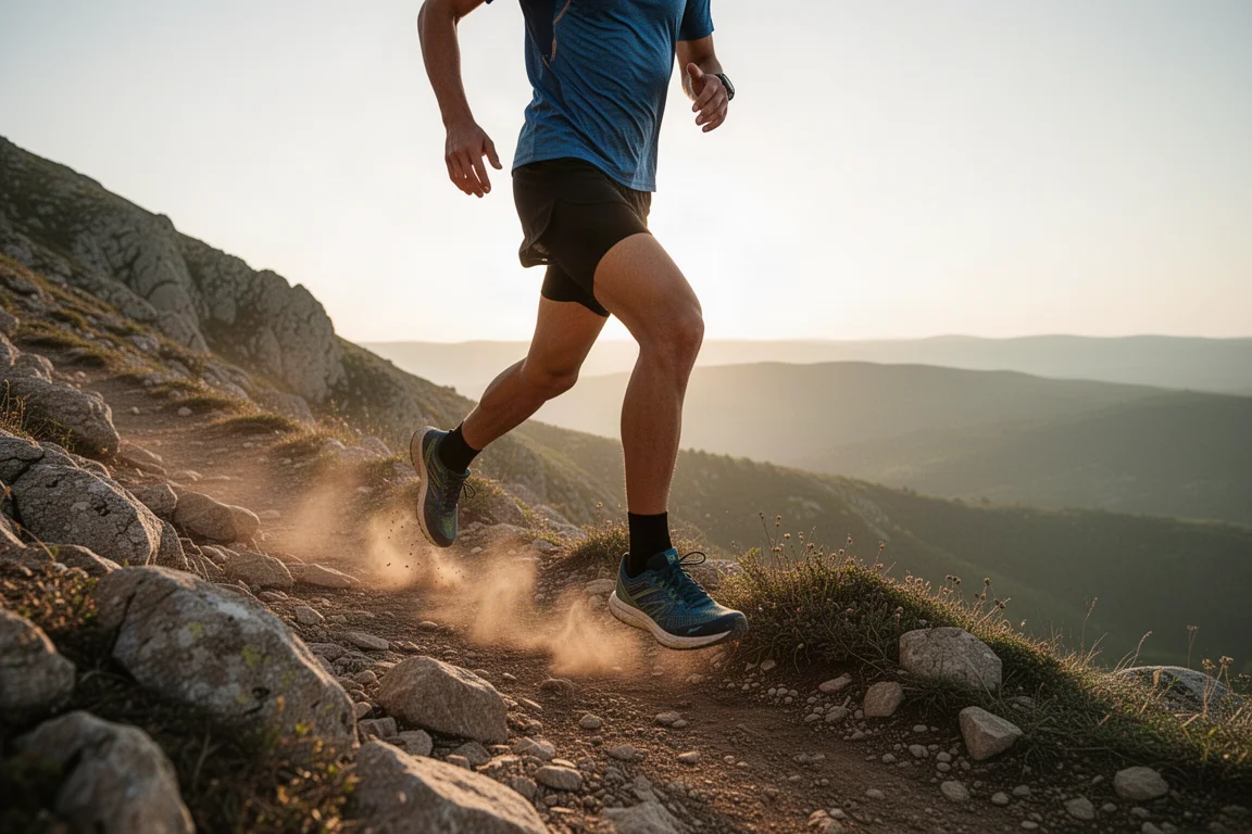 Trail runner descending a rocky mountain path in late afternoon light