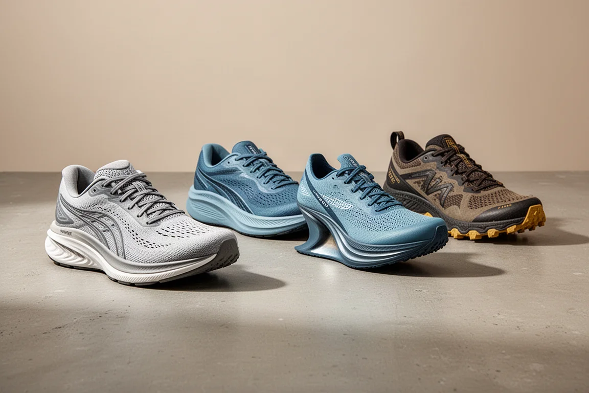 Four running shoes lined up on a concrete surface