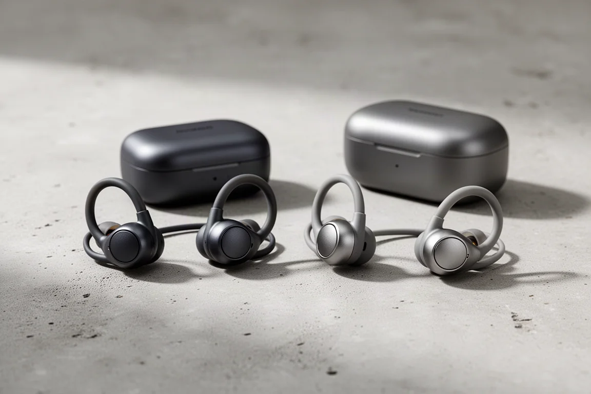 Two pairs of clip-on open-ear earbuds with charging cases on a concrete surface