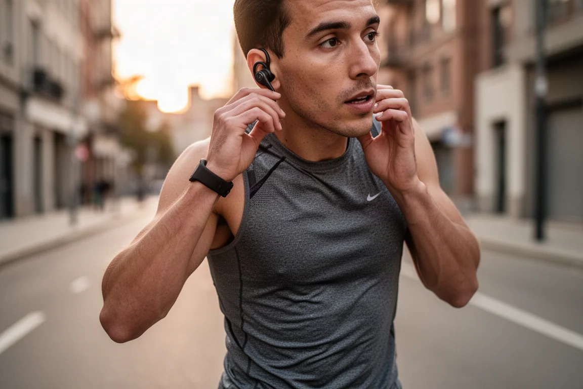 Corredor ajustándose un auricular de oreja abierta estilo gancho antes de una carrera matutina cálida