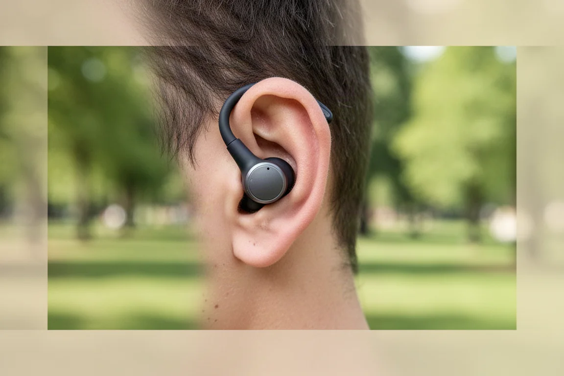Auricular de oreja abierta colocado junto al canal auditivo sin bloquear la oreja