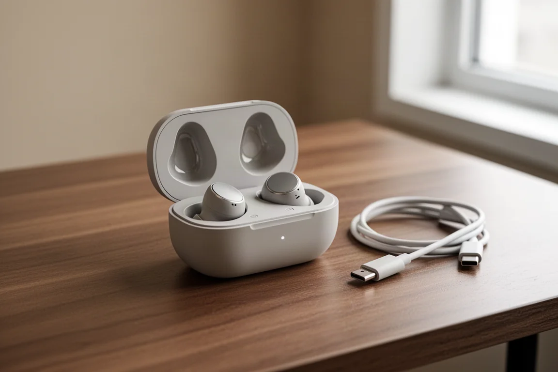 木製のデスクの上で、開いた充電ケースに収まったオープンイヤー型イヤホン
