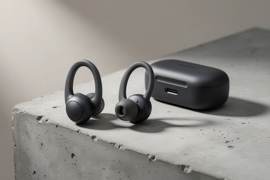 Shokz Open Fit Air open-ear earbuds and charging case on a concrete surface