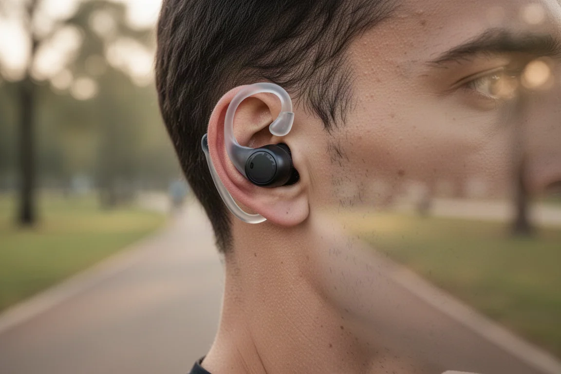 Runner wearing an open-ear earbud hooking over the ear during an easy morning run