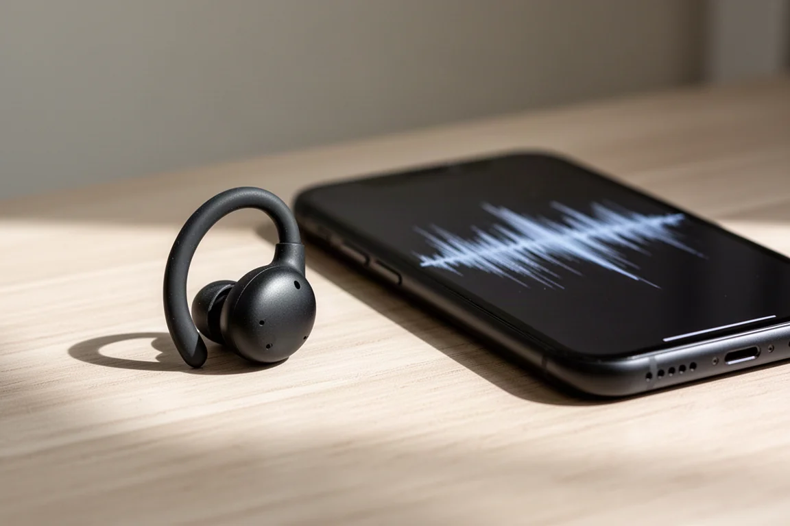 Open-ear earbud resting on a desk next to a smartphone running an audio app