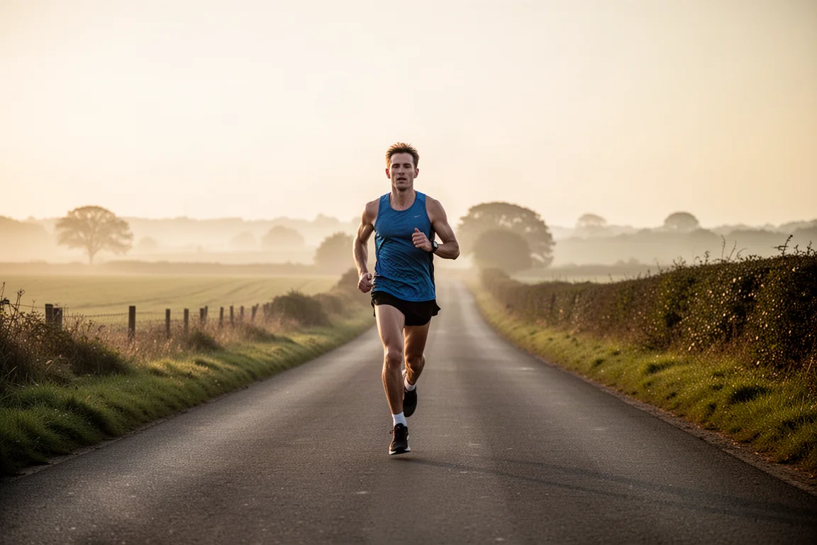 Runner on a quiet roadside path listening to audio with open ears