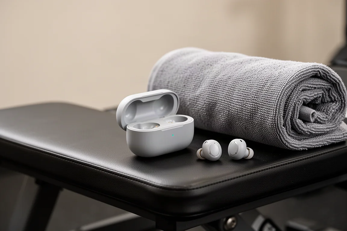 Charging case for open-ear earbuds open on a gym bench after a workout