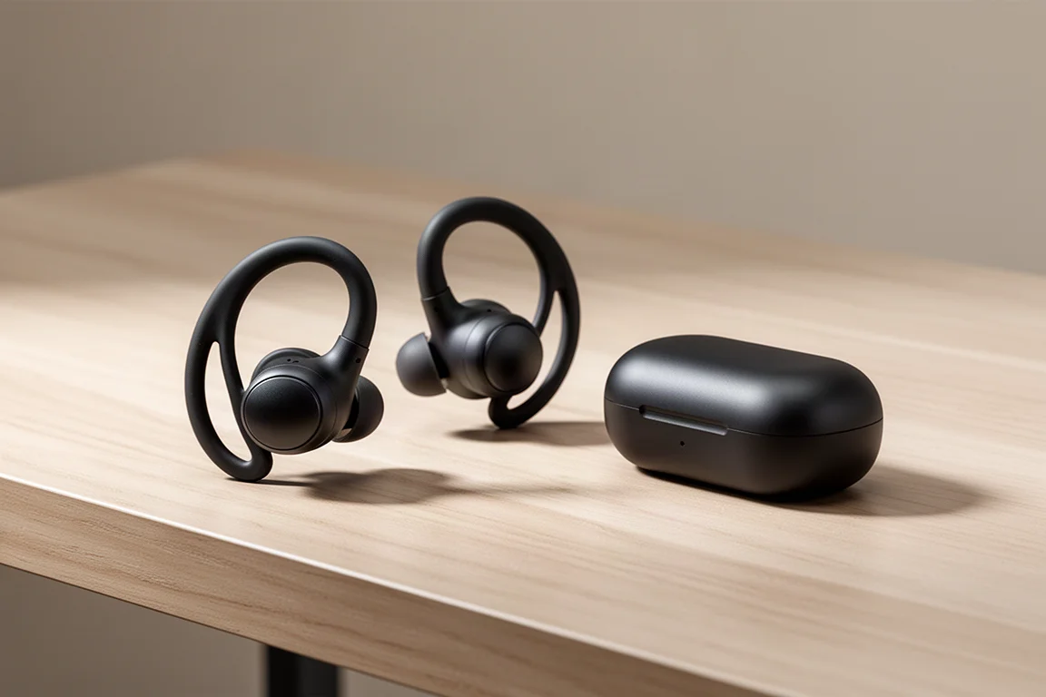 Shokz Open Fit open-ear earbuds with charging case on a wooden desk