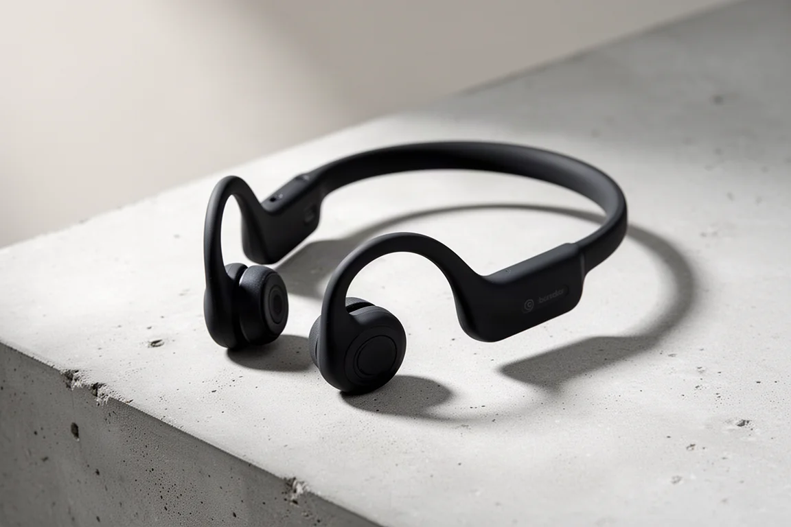 Black bone conduction headphones with curved neckband on a grey concrete surface