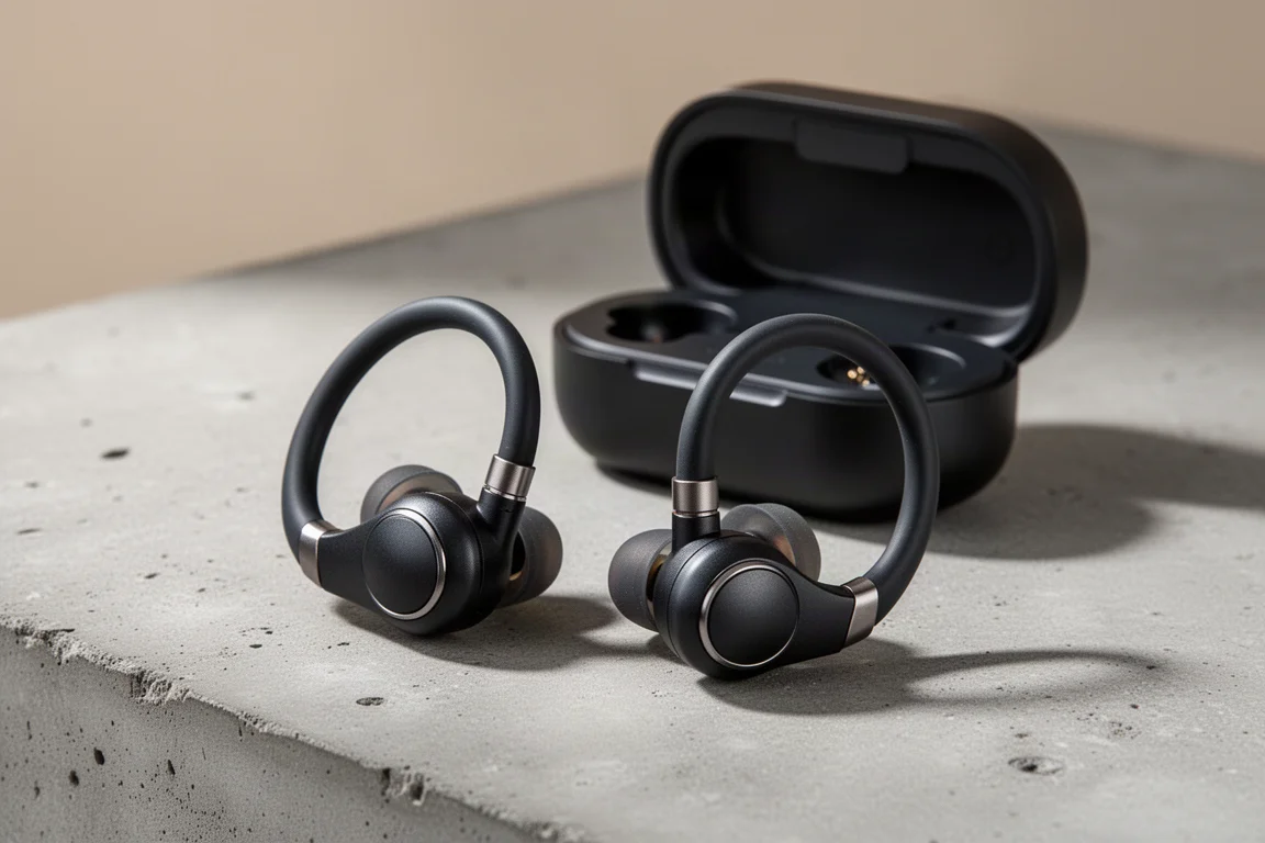 Shokz OpenDots 2 clip-on open-ear earbuds with charging case on concrete surface