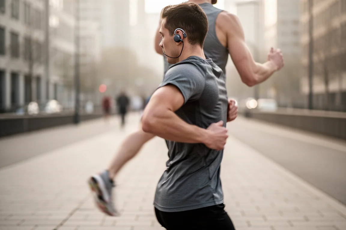 Coureur portant des écouteurs open-ear sur un chemin urbain, avec les crochets passant par-dessus l'oreille
