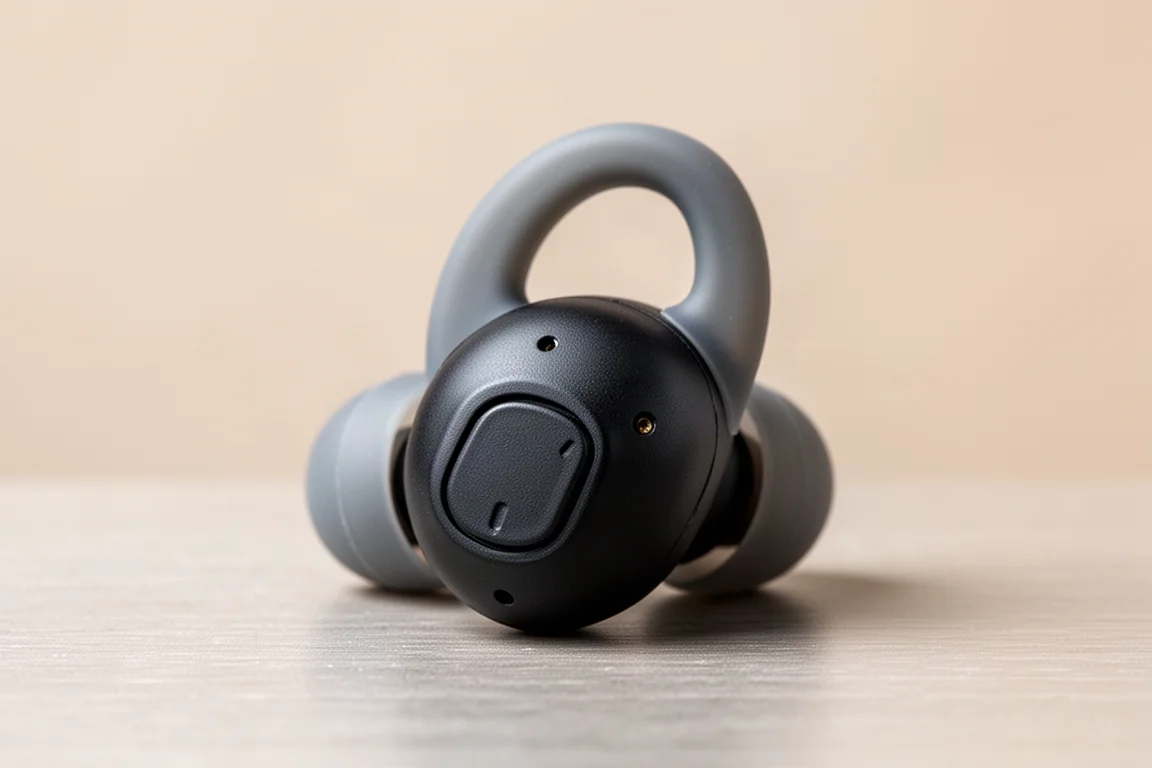 Gros plan sur un bouton de commande physique sur un écouteur open-ear