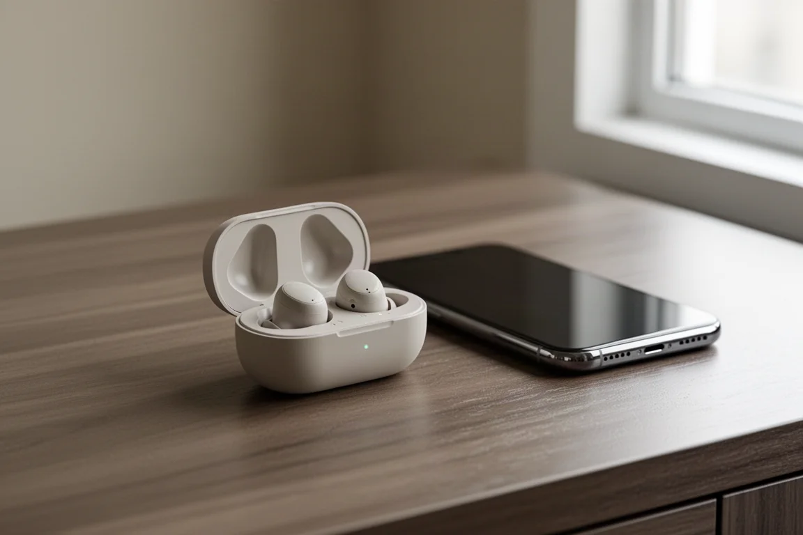 Écouteurs et boîtier de charge sur un bureau en bois à côté d'un téléphone diffusant de la musique