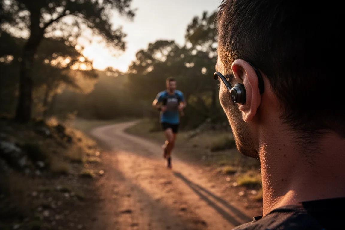 Coureur sur un sentier au crépuscule, écouteurs aux oreilles et longues ombres