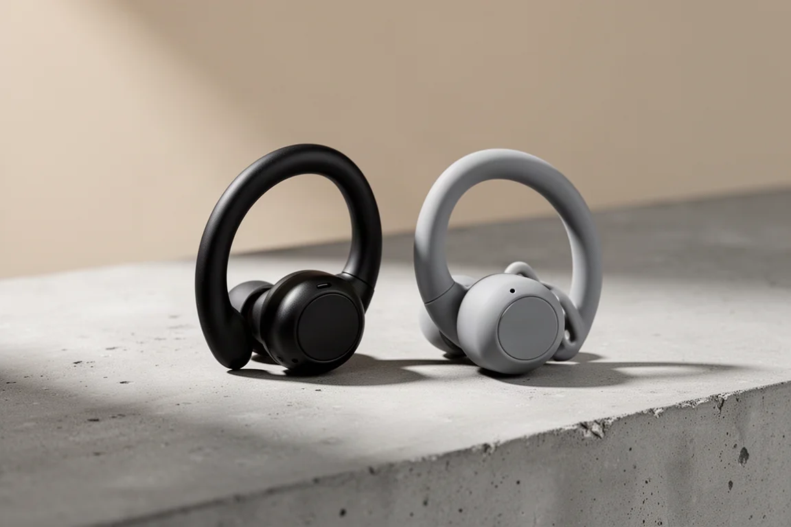 Two open-ear wireless earbuds with over-ear hooks on a concrete surface
