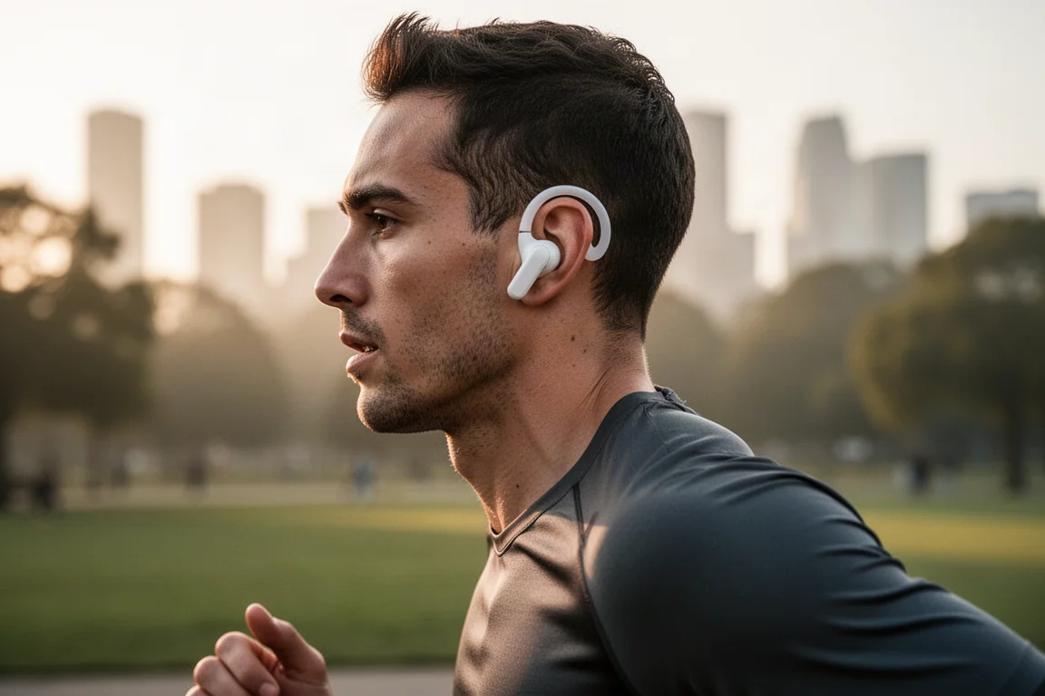 Athlete wearing open-ear earbuds with visible ear hooks during an outdoor run