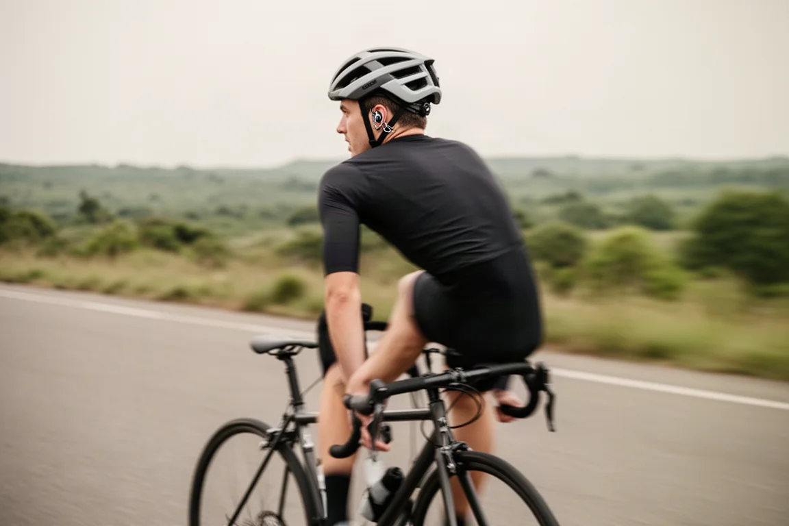Cyclist on a road bike wearing open-ear headphones with helmet straps visible